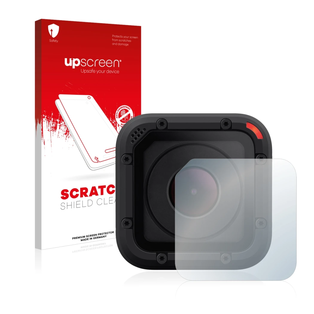 Face avant d’un emballage produit avec le logo de la marque upscreen. À côté, l’appareil GoPro Hero Session est représenté ave