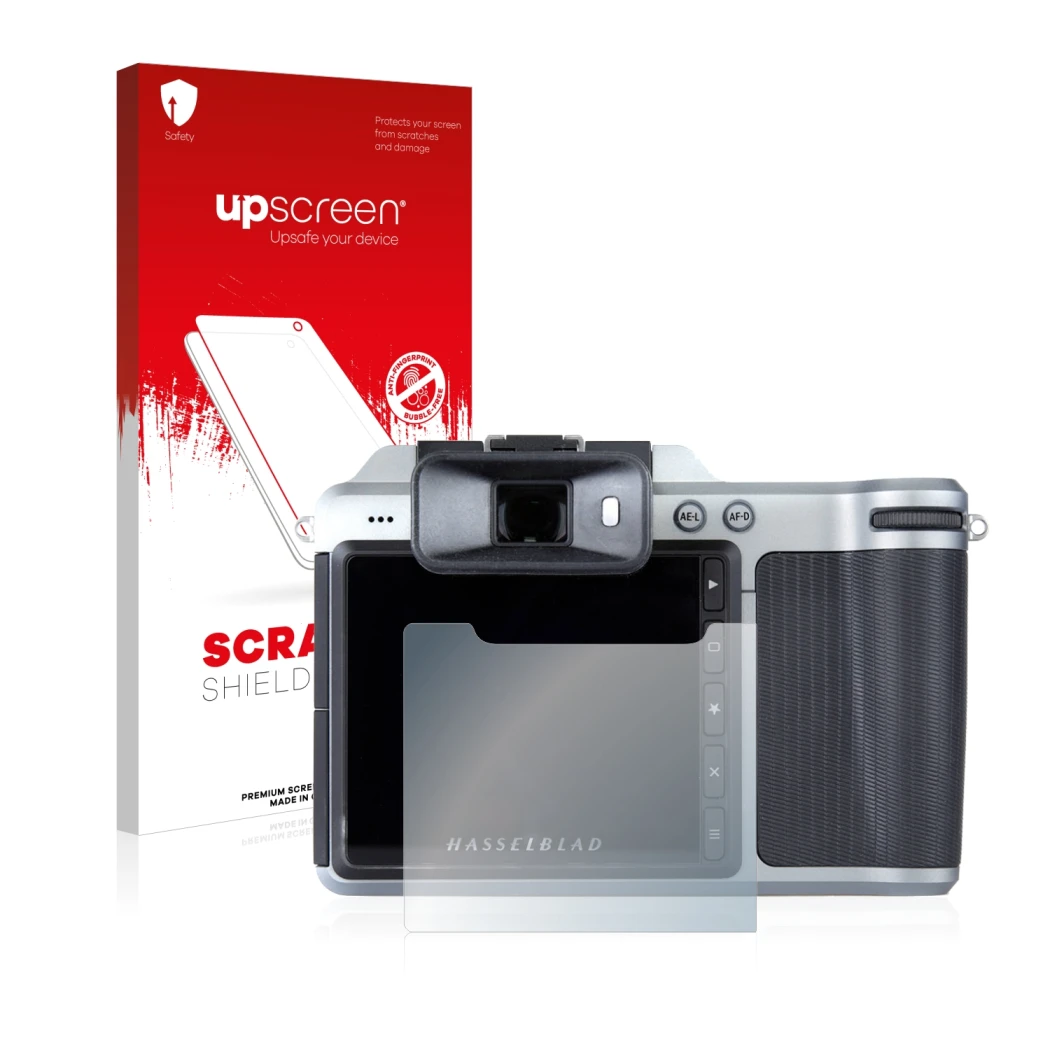 Face avant d’un emballage produit avec le logo de la marque upscreen. À côté, l’appareil Hasselblad X1D-50c est représenté ave