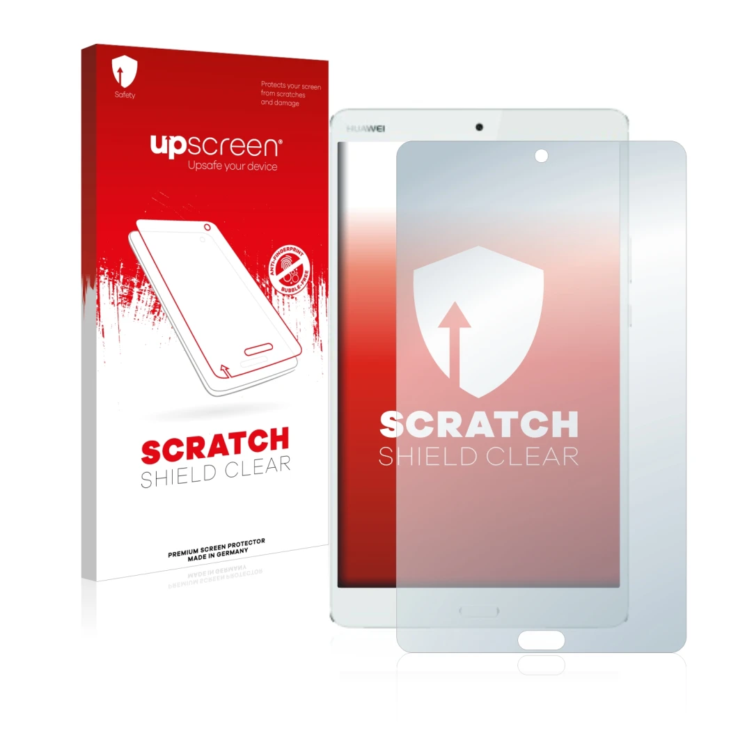 Face avant d’un emballage produit avec le logo de la marque upscreen. À côté, l’appareil Huawei MediaPad M3 8.4 est représenté