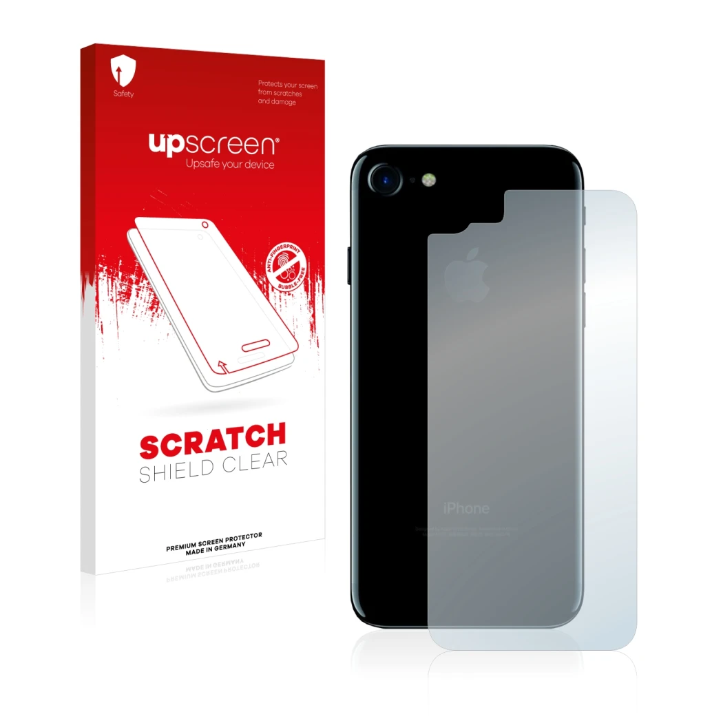 Face avant d’un emballage produit avec le logo de la marque upscreen. À côté, l’appareil Apple iPhone 7 Le dos (toute la surfa