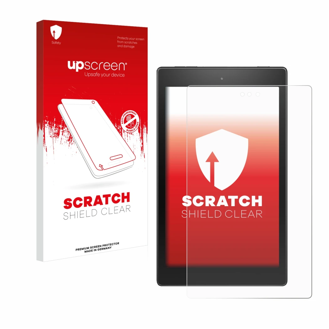 Face avant d’un emballage produit avec le logo de la marque upscreen. À côté, l’appareil Amazon Fire HD 8 2017 est représenté