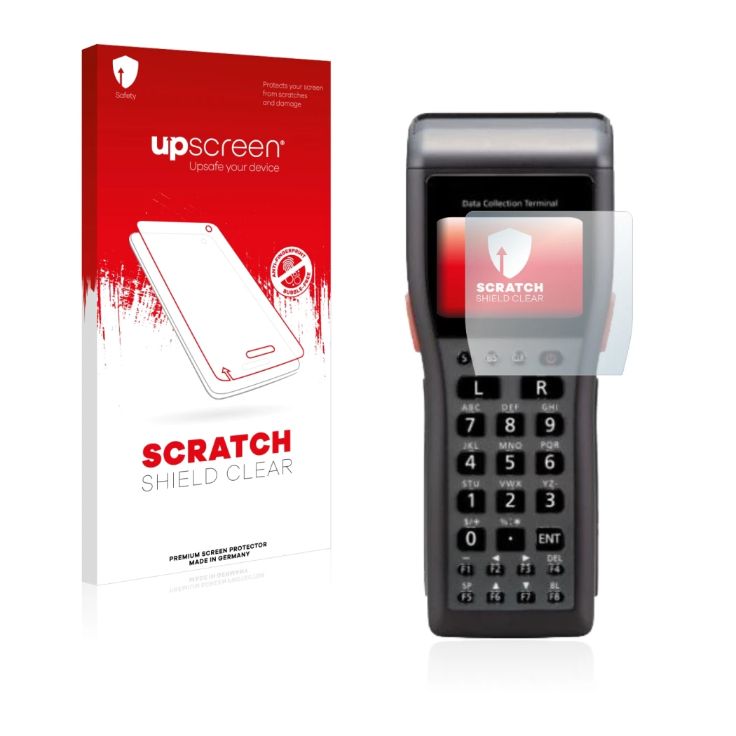 Face avant d’un emballage produit avec le logo de la marque upscreen. À côté, l’appareil Casio DT-930 est représenté avec la p