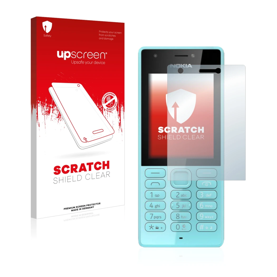 Face avant d’un emballage produit avec le logo de la marque upscreen. À côté, l’appareil Nokia 216 est représenté avec la prot