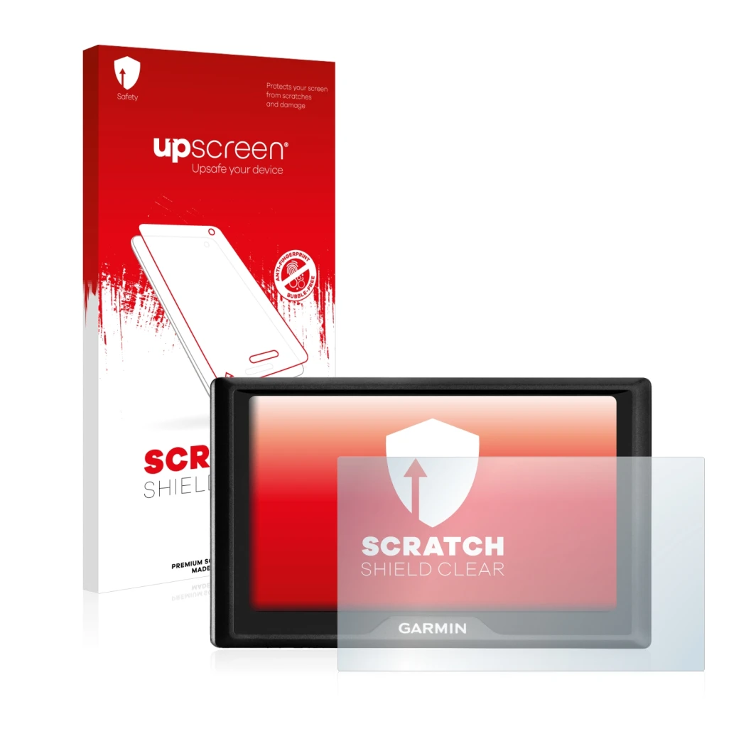 Face avant d’un emballage produit avec le logo de la marque upscreen. À côté, l’appareil Garmin Drive 50 LM est représenté ave