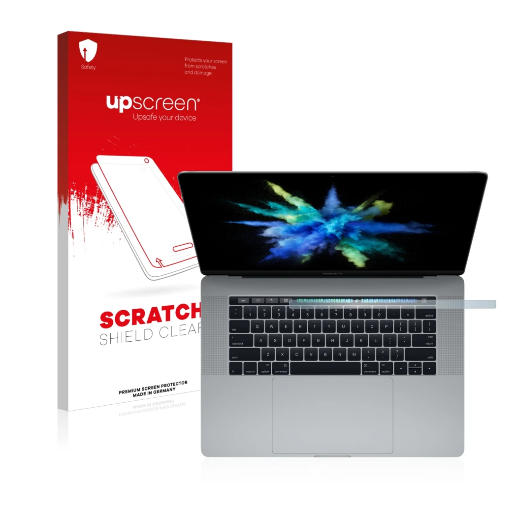 Face avant d’un emballage produit avec le logo de la marque upscreen. À côté, l’appareil Apple MacBook Pro 15