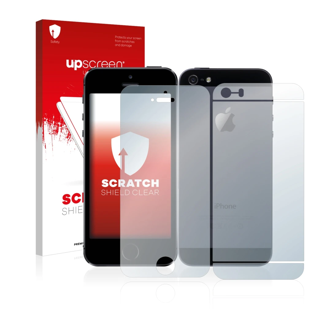 Face avant d’un emballage produit avec le logo de la marque upscreen. À côté, l’appareil Apple iPhone 5S (Avant+Arrière) est r