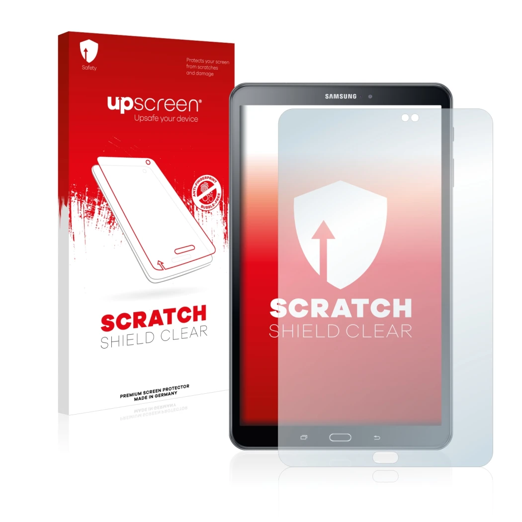 Face avant d’un emballage produit avec le logo de la marque upscreen. À côté, l’appareil Samsung Galaxy Tab A6 10.1
