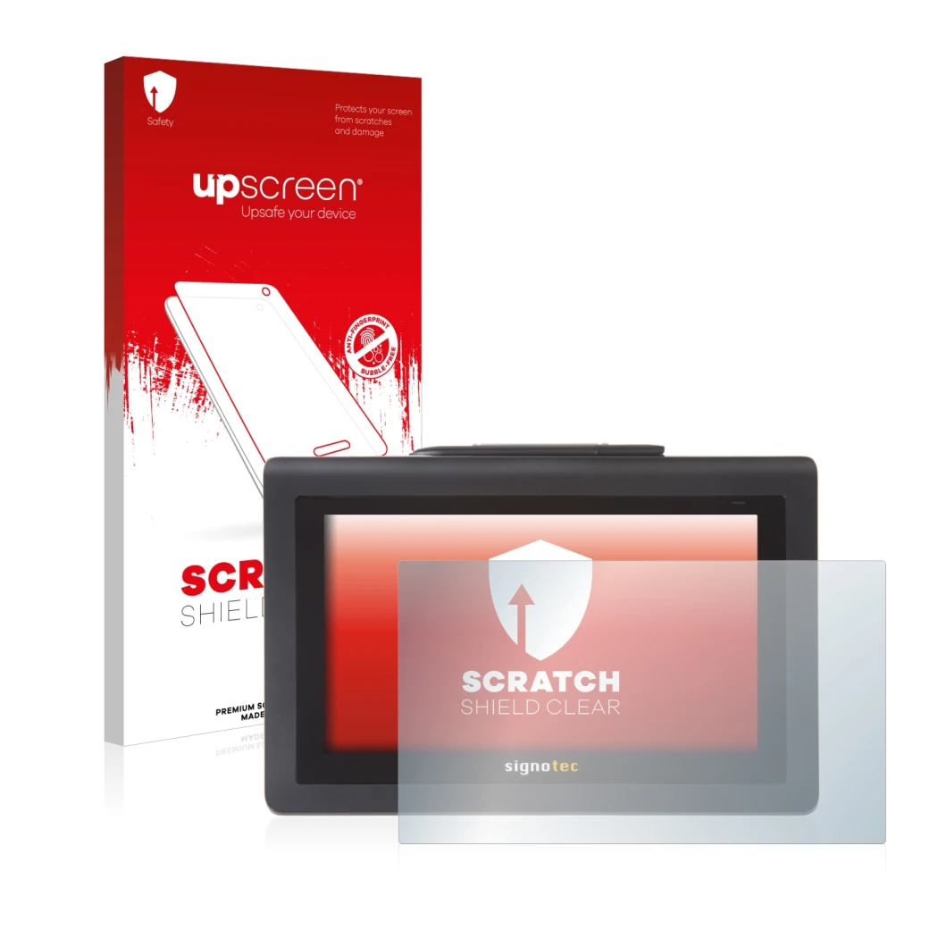 Face avant d’un emballage produit avec le logo de la marque upscreen. À côté, l’appareil Signotec Signature Pad Delta est repr