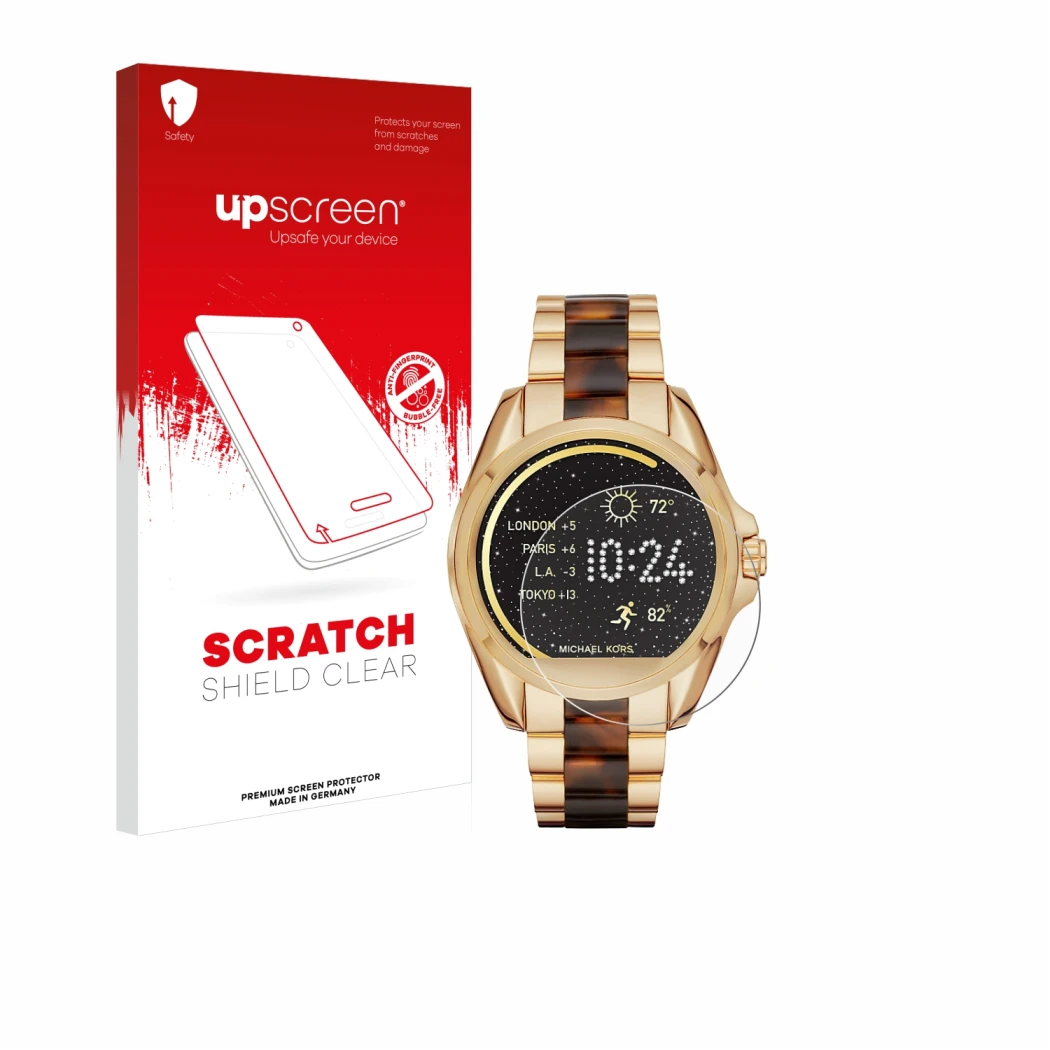 Face avant d’un emballage produit avec le logo de la marque upscreen. À côté, l’appareil Michael Kors Access Bradshaw est repr