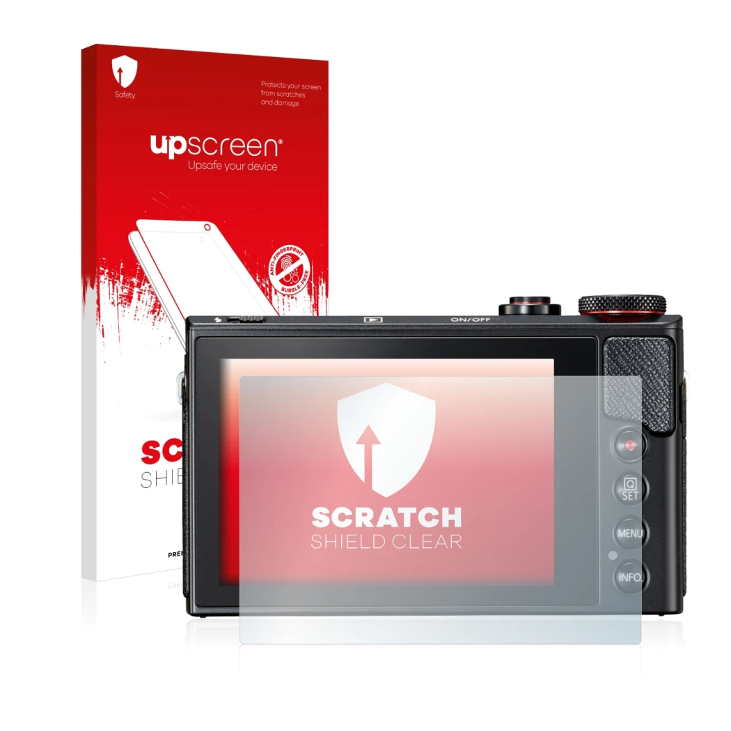 Face avant d’un emballage produit avec le logo de la marque upscreen. À côté, l’appareil Canon PowerShot G9 X Mark II est repr
