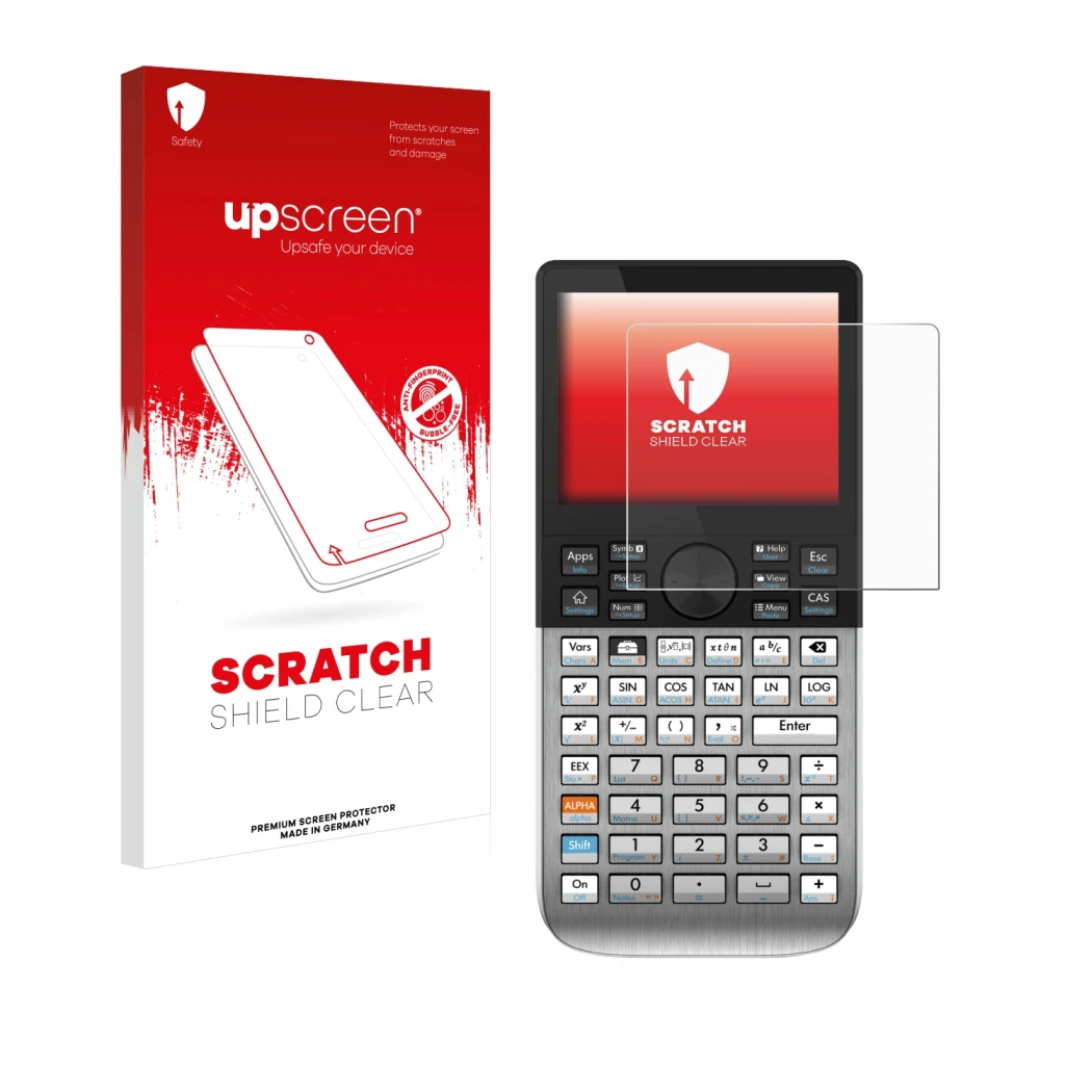 Face avant d’un emballage produit avec le logo de la marque upscreen. À côté, l’appareil HP Prime est représenté avec la prote