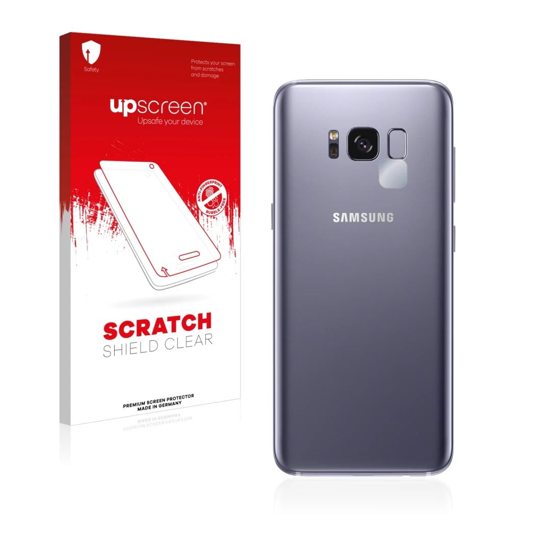 Face avant d’un emballage produit avec le logo de la marque upscreen. À côté, l’appareil Samsung Galaxy S8 (Caméra UNIQUEMENT)