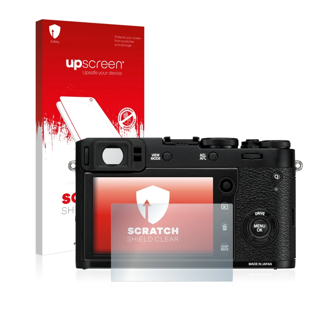 Face avant d’un emballage produit avec le logo de la marque upscreen. À côté, l’appareil Fujifilm X100F est représenté avec la