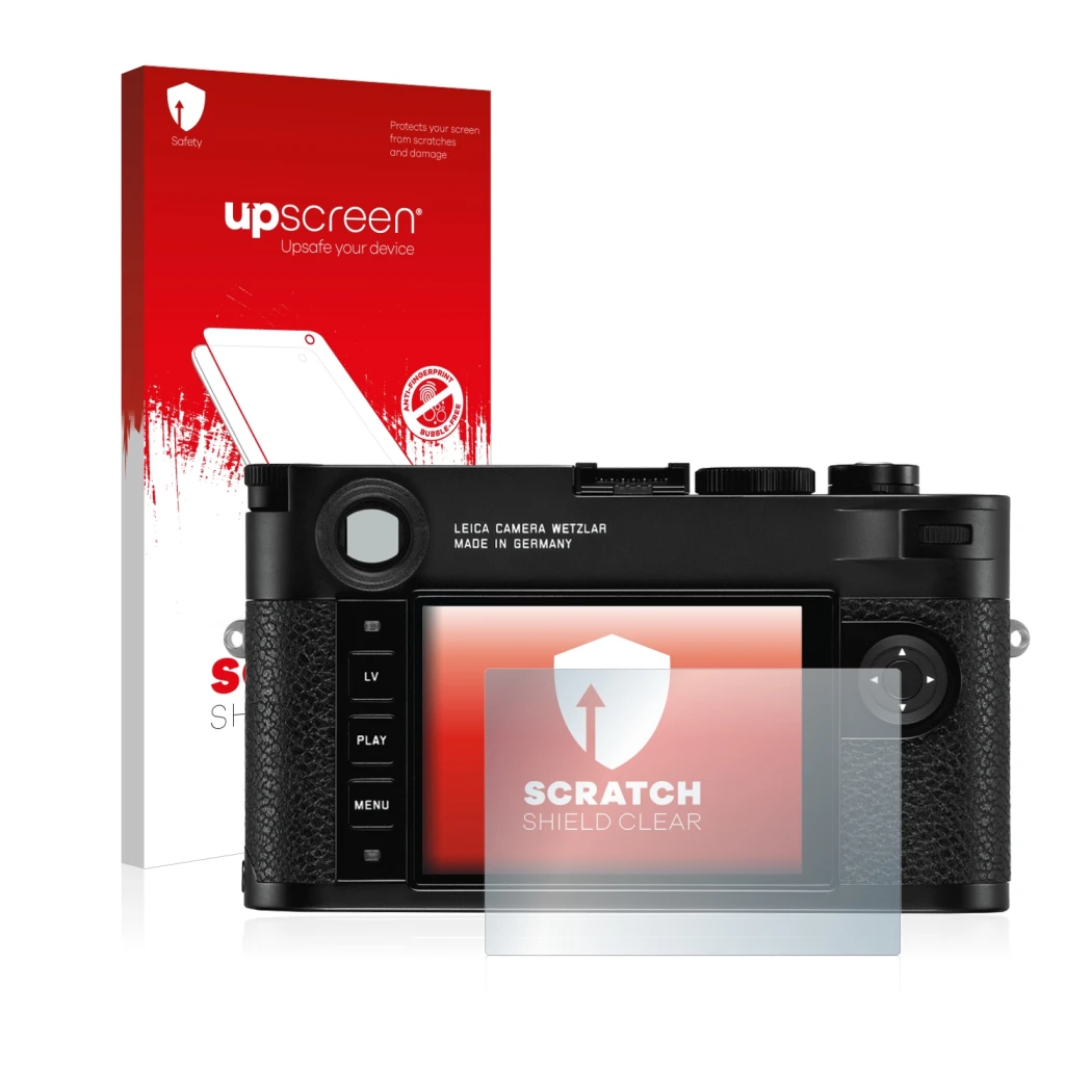Face avant d’un emballage produit avec le logo de la marque upscreen. À côté, l’appareil Leica M10 est représenté avec la prot