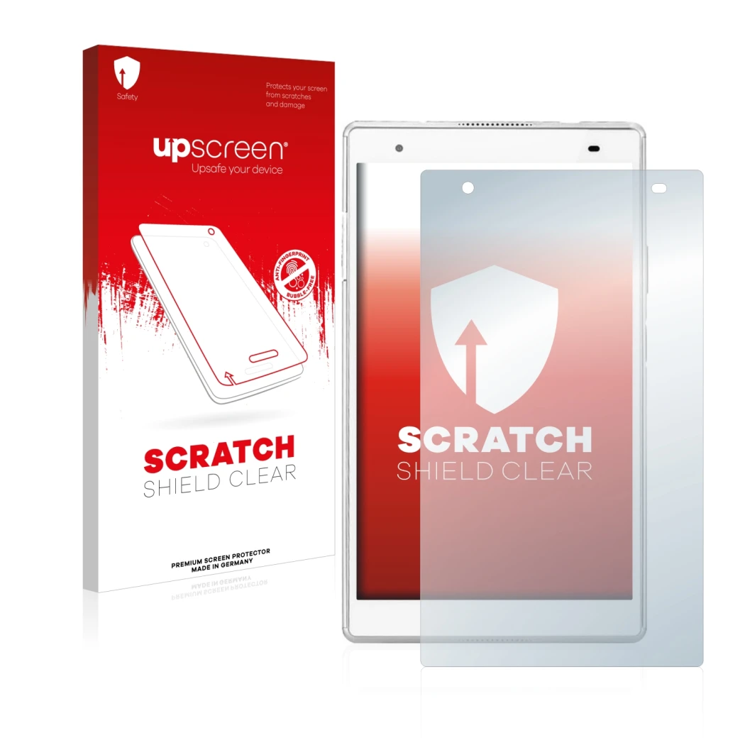Face avant d’un emballage produit avec le logo de la marque upscreen. À côté, l’appareil Lenovo Tab 4 8 Plus est représenté av