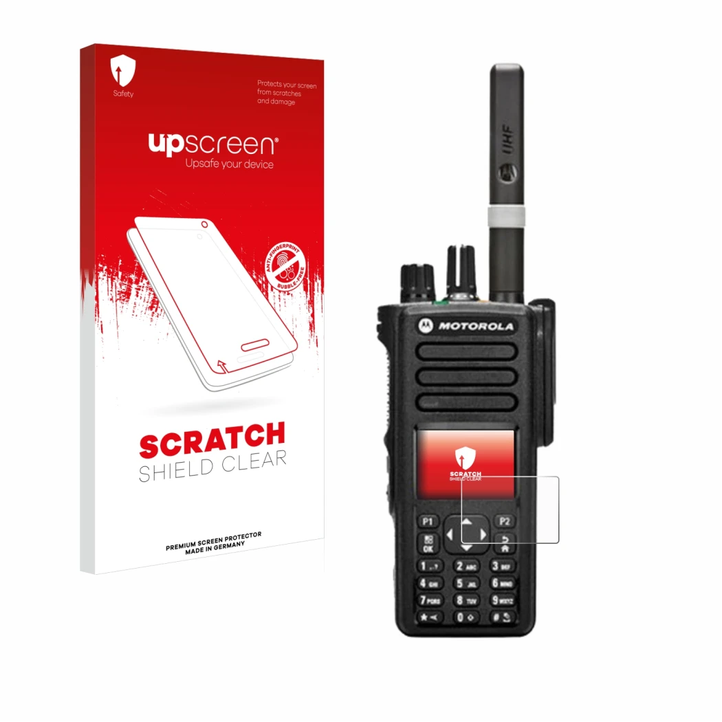 Face avant d’un emballage produit avec le logo de la marque upscreen. À côté, l’appareil Motorola DP4800 est représenté avec l