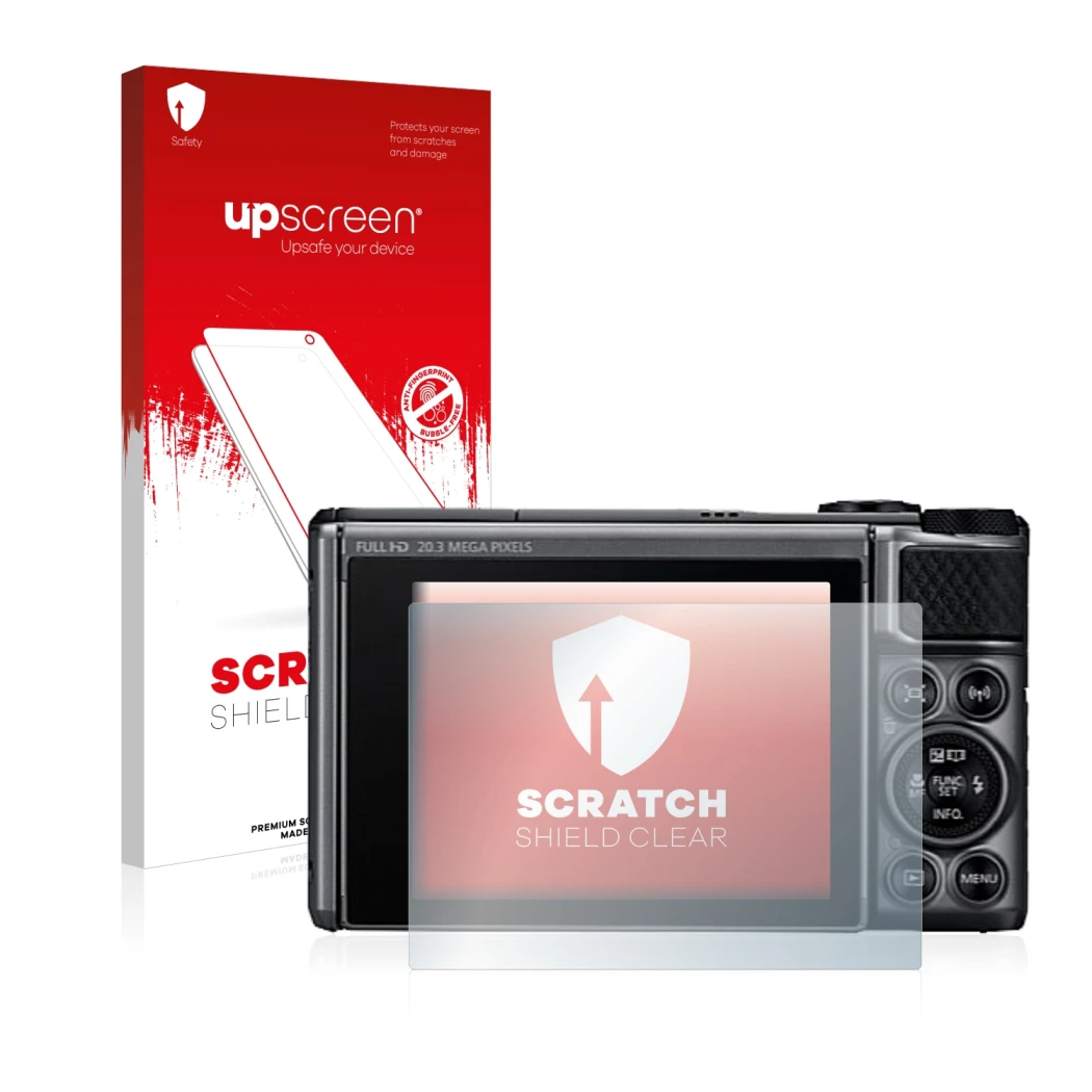 Face avant d’un emballage produit avec le logo de la marque upscreen. À côté, l’appareil Canon PowerShot SX730 HS est représen