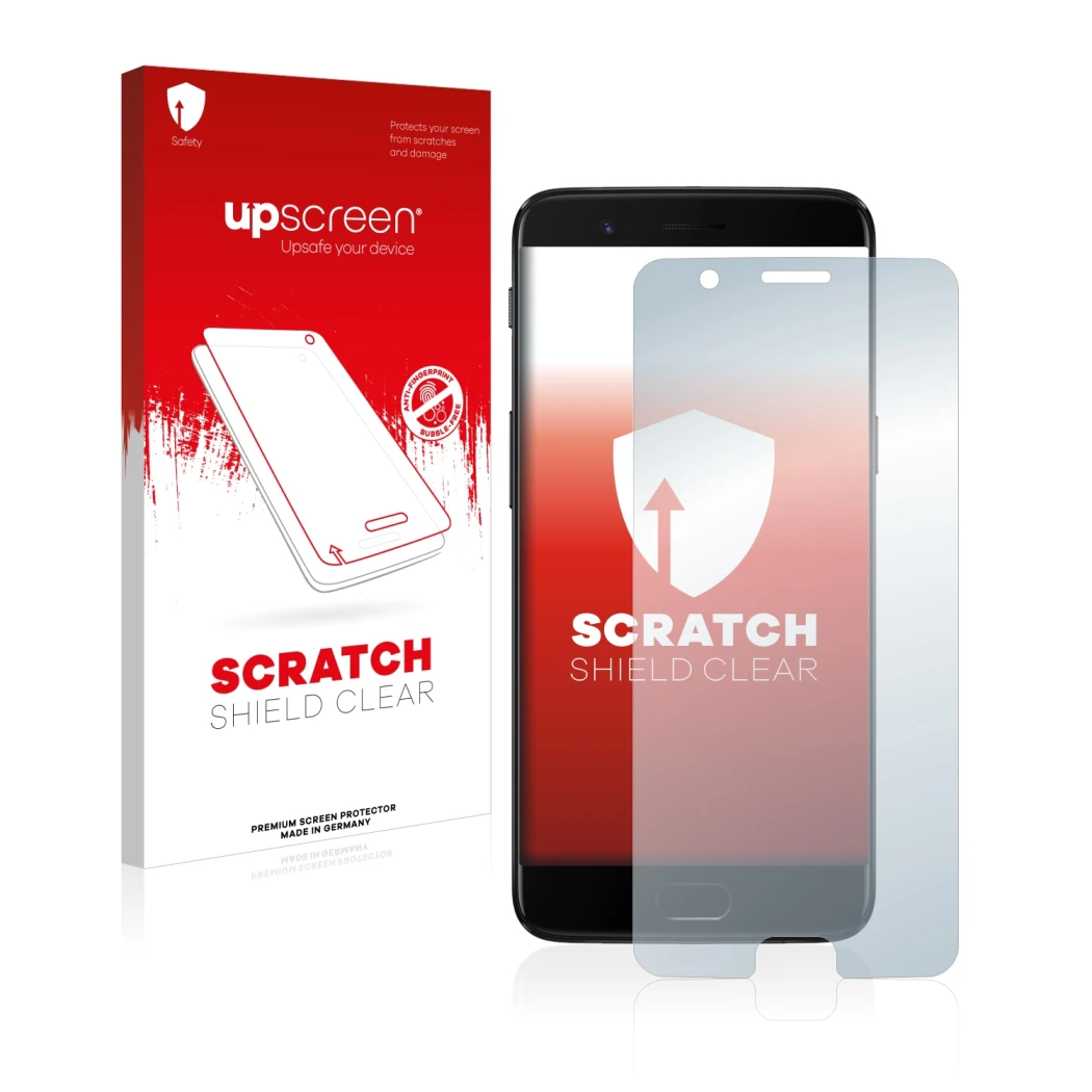 Face avant d’un emballage produit avec le logo de la marque upscreen. À côté, l’appareil OnePlus 5 est représenté avec la prot