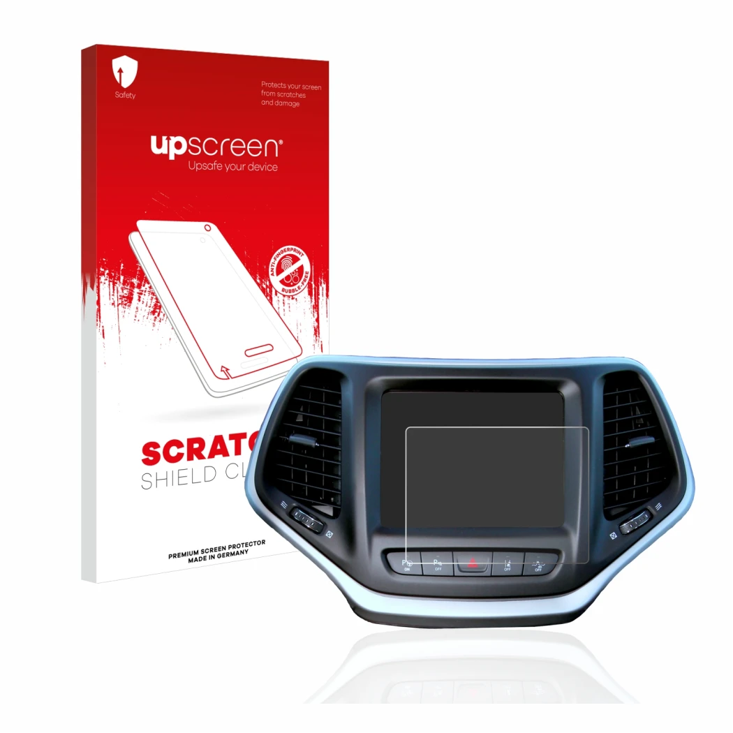 Face avant d’un emballage produit avec le logo de la marque upscreen. À côté, l’appareil Jeep Cherokee BJ 2014-2018 (Uconnect