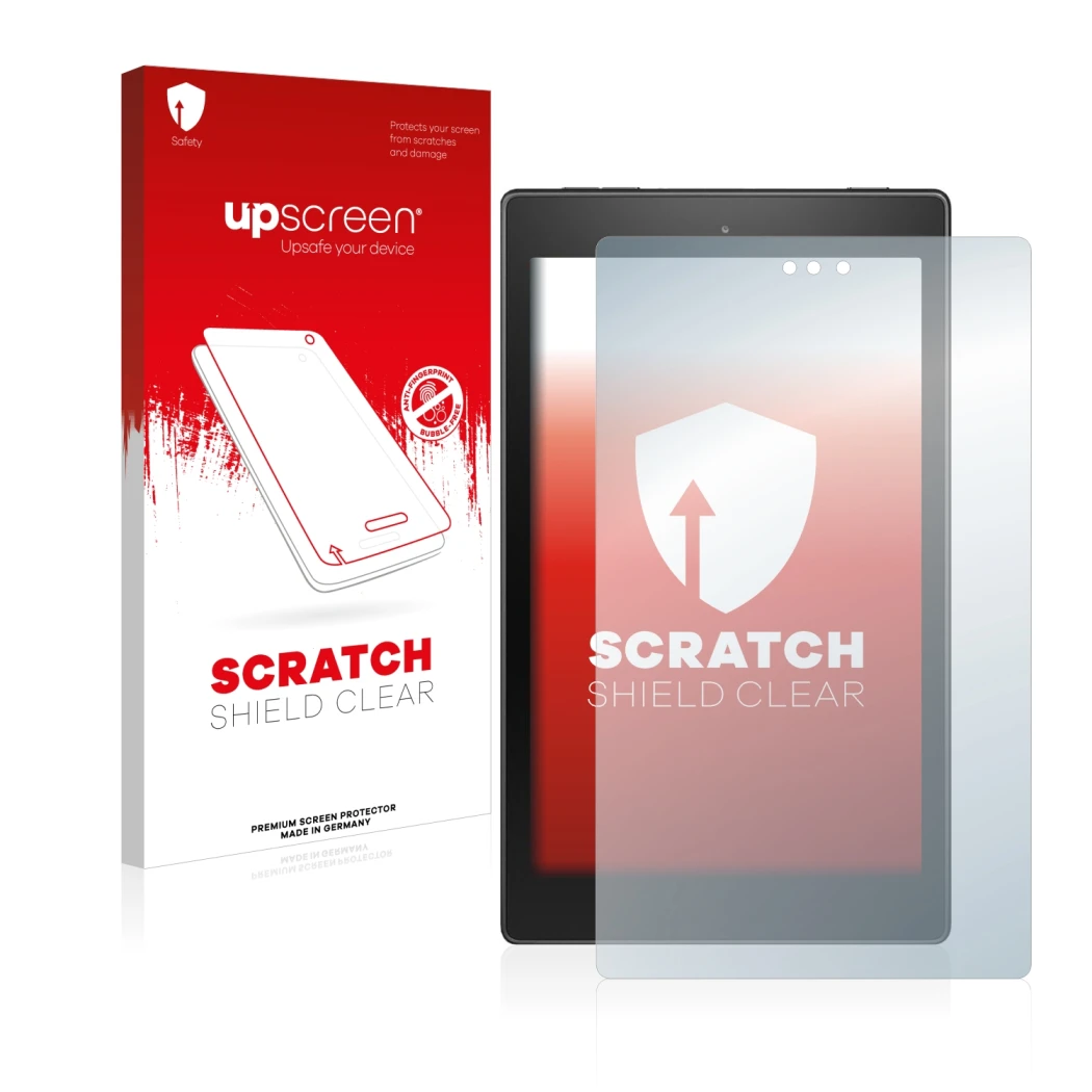 Face avant d’un emballage produit avec le logo de la marque upscreen. À côté, l’appareil Amazon Fire HD 8 2018 (8ème Gen.) est