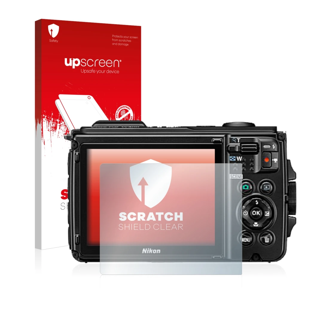 Face avant d’un emballage produit avec le logo de la marque upscreen. À côté, l’appareil Nikon Coolpix W300 est représenté ave
