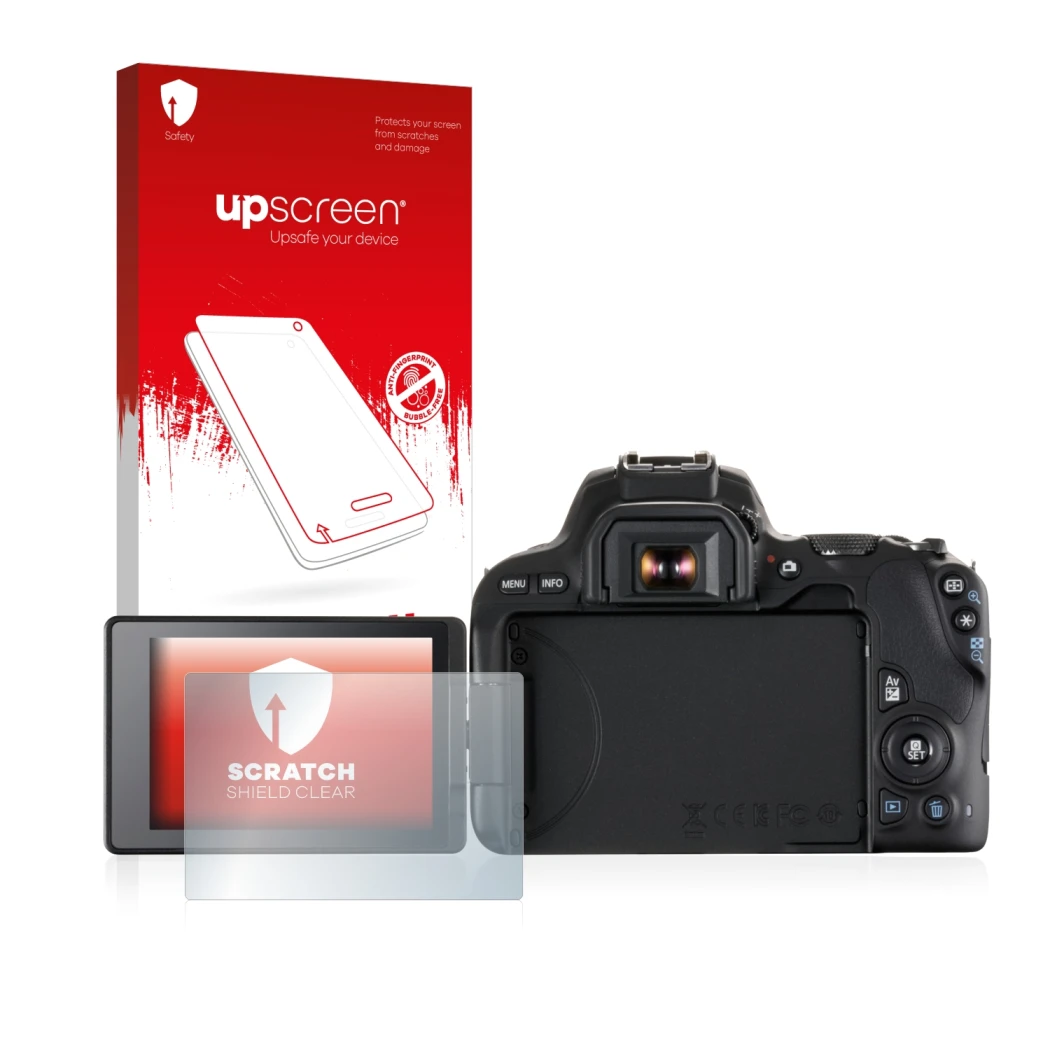 Face avant d’un emballage produit avec le logo de la marque upscreen. À côté, l’appareil Canon EOS 200D est représenté avec la