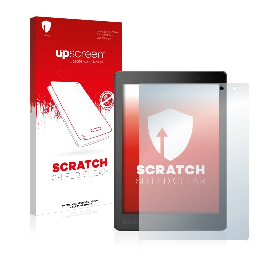 Face avant d’un emballage produit avec le logo de la marque upscreen. À côté, l’appareil Kobo Aura One est représenté avec la