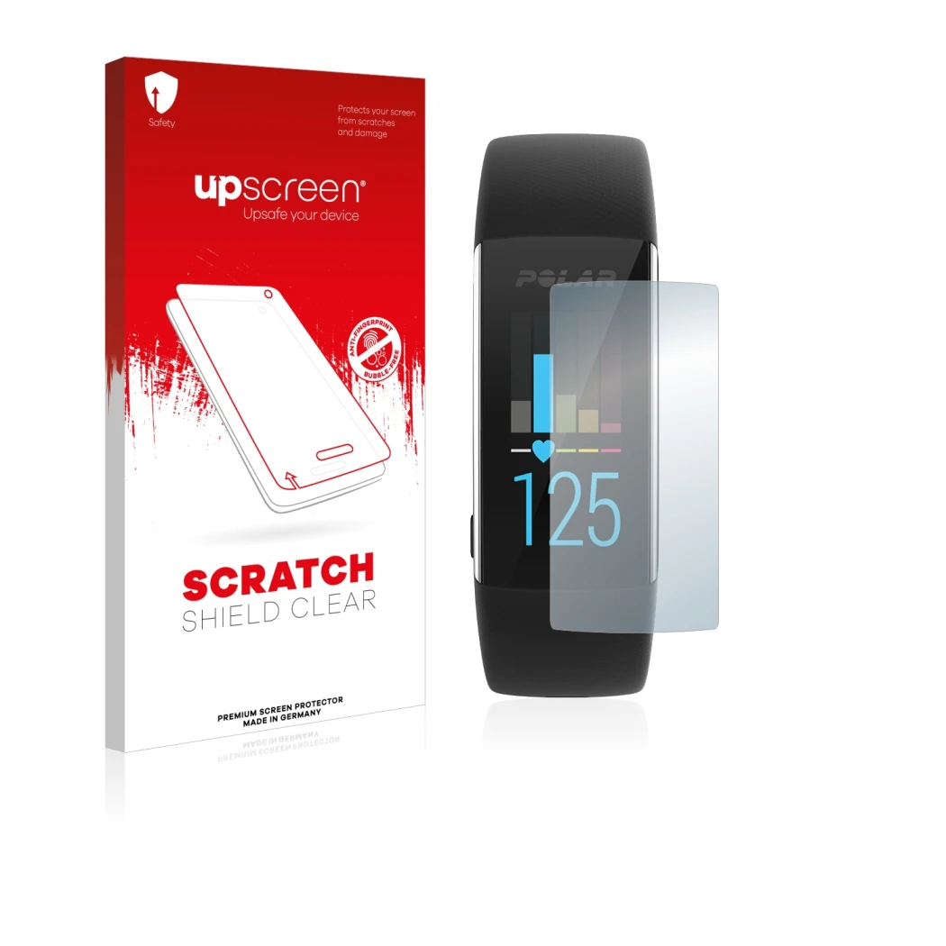 Face avant d’un emballage produit avec le logo de la marque upscreen. À côté, l’appareil Polar A370 est représenté avec la pro