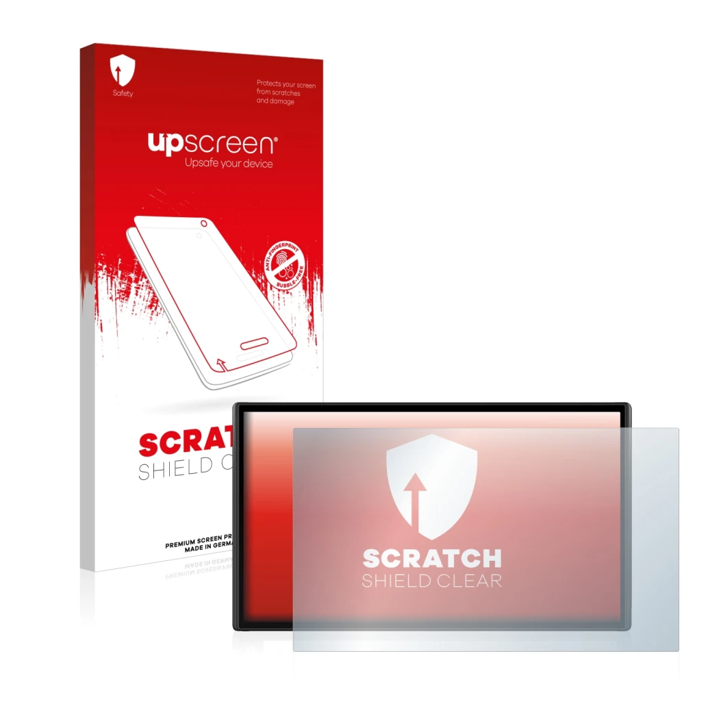 Face avant d’un emballage produit avec le logo de la marque upscreen. À côté, l’appareil Garmin DriveSmart 61 LMT-S est représ