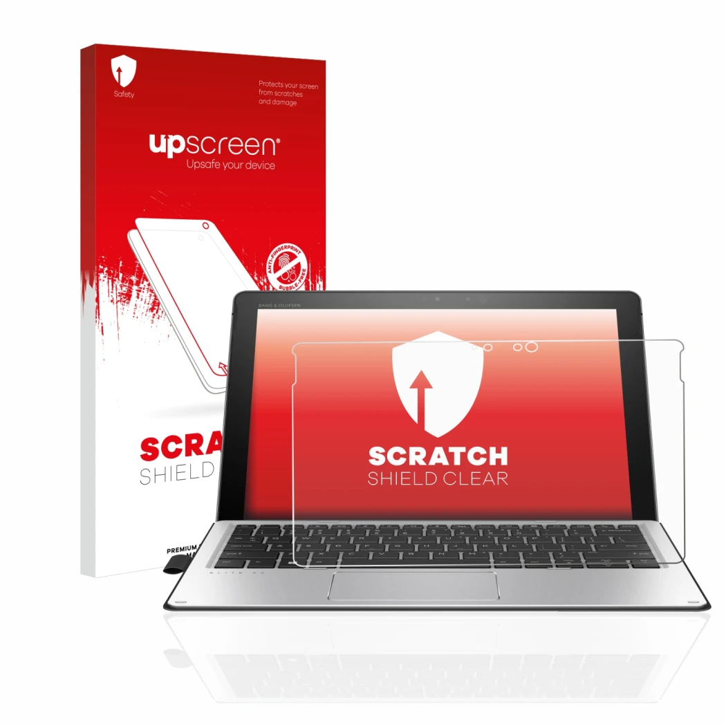Face avant d’un emballage produit avec le logo de la marque upscreen. À côté, l’appareil HP Elite x2 1012 G2 est représenté av