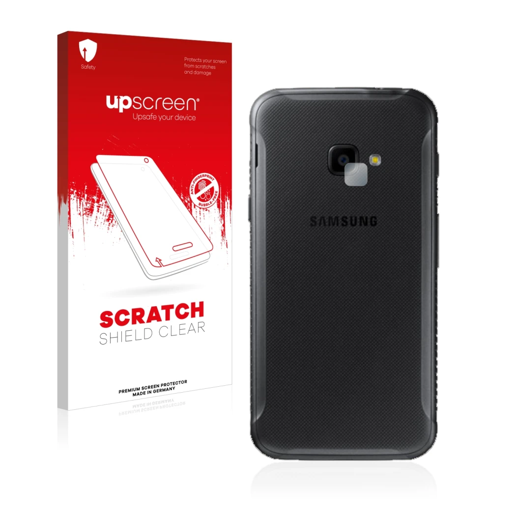 Face avant d’un emballage produit avec le logo de la marque upscreen. À côté, l’appareil Samsung Galaxy XCover 4 (Caméra UNIQU