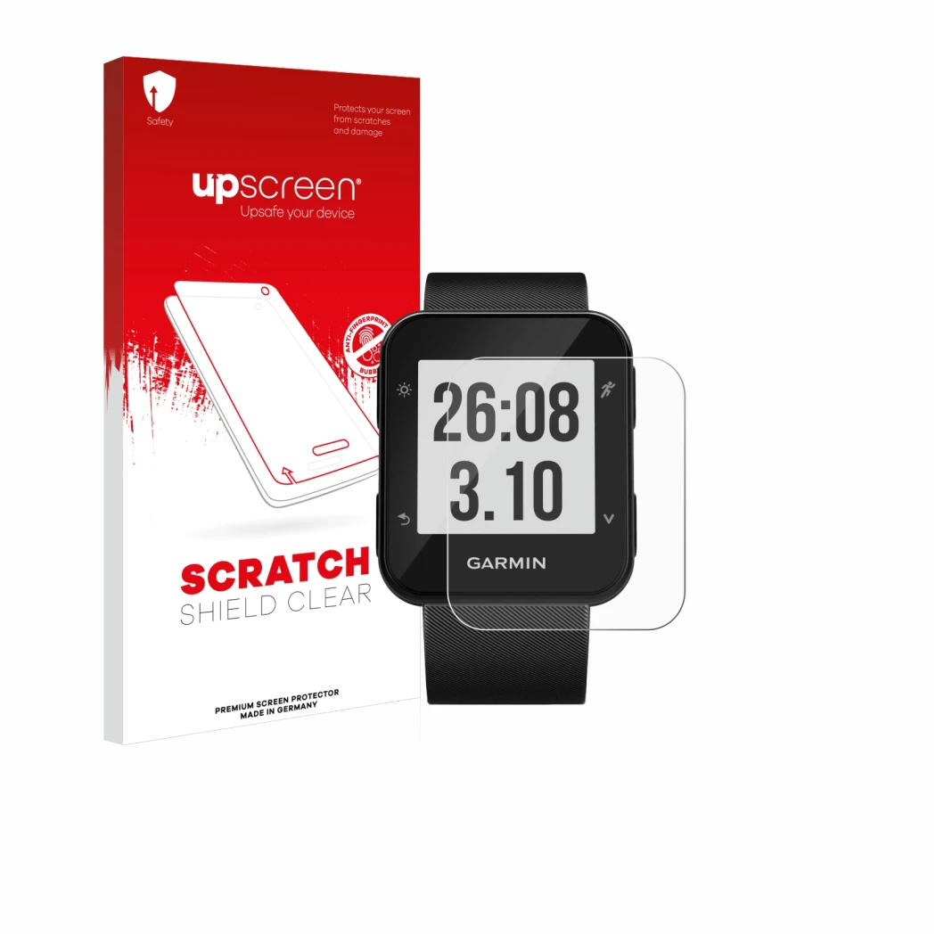 Face avant d’un emballage produit avec le logo de la marque upscreen. À côté, l’appareil Garmin Forerunner 30 est représenté a