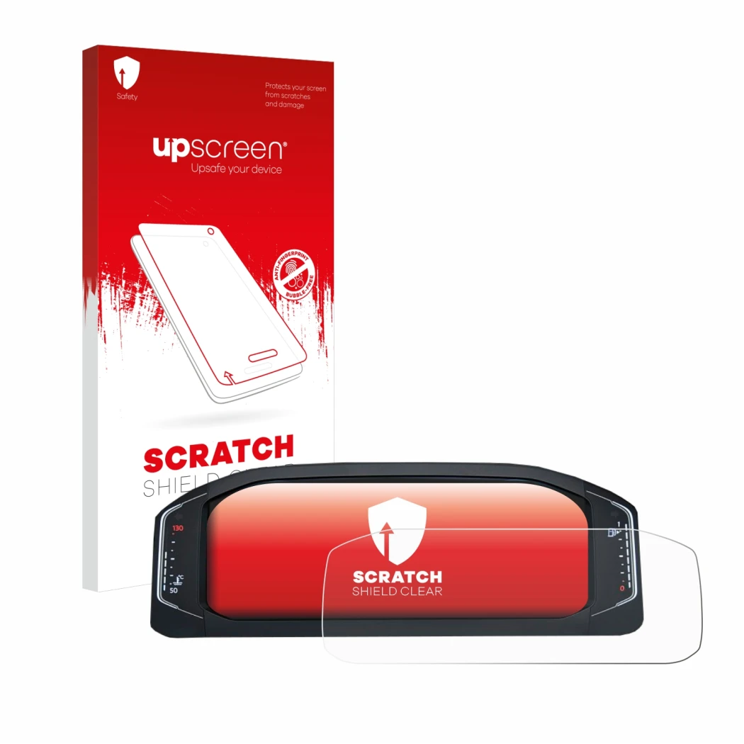 Face avant d’un emballage produit avec le logo de la marque upscreen. À côté, l’appareil Volkswagen Active Info Display T-Roc