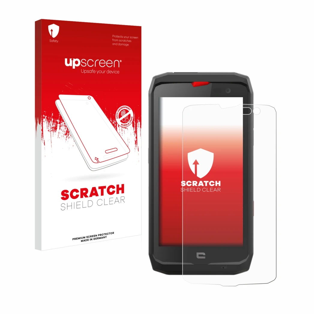 Face avant d’un emballage produit avec le logo de la marque upscreen. À côté, l’appareil Crosscall Action X3 est représenté av