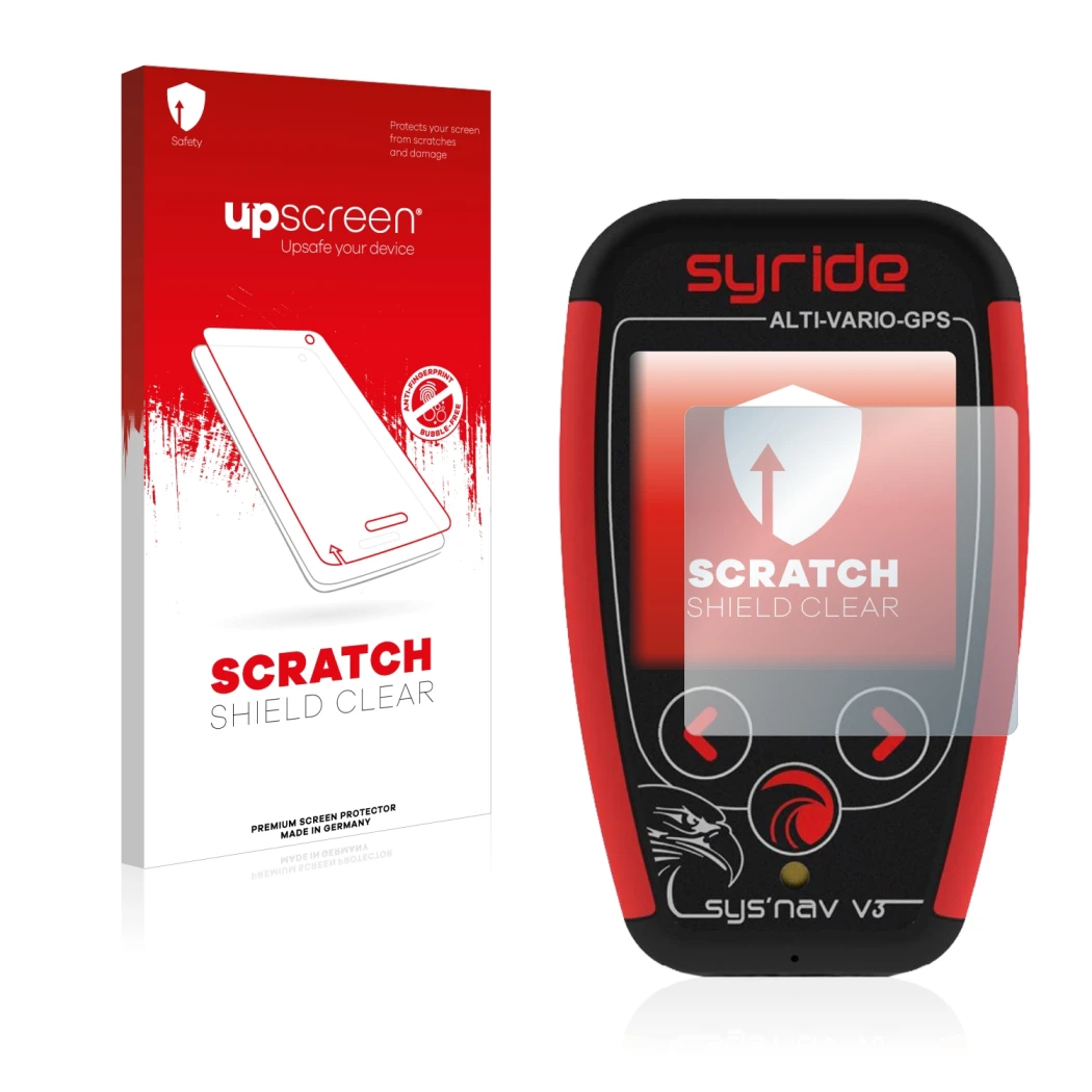 Face avant d’un emballage produit avec le logo de la marque upscreen. À côté, l’appareil Syride Sys'Nav V3 est représenté avec