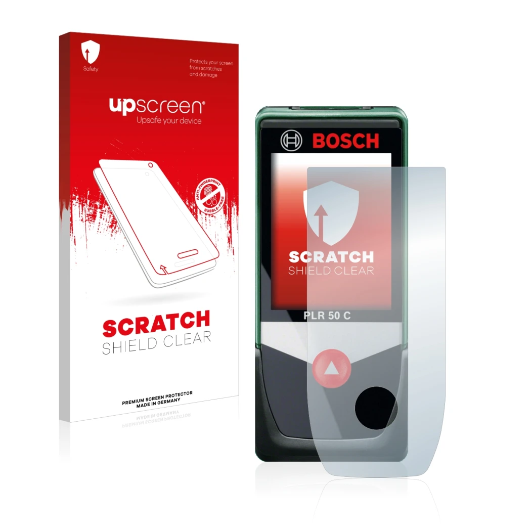 Face avant d’un emballage produit avec le logo de la marque upscreen. À côté, l’appareil Bosch PLR 50 C est représenté avec la