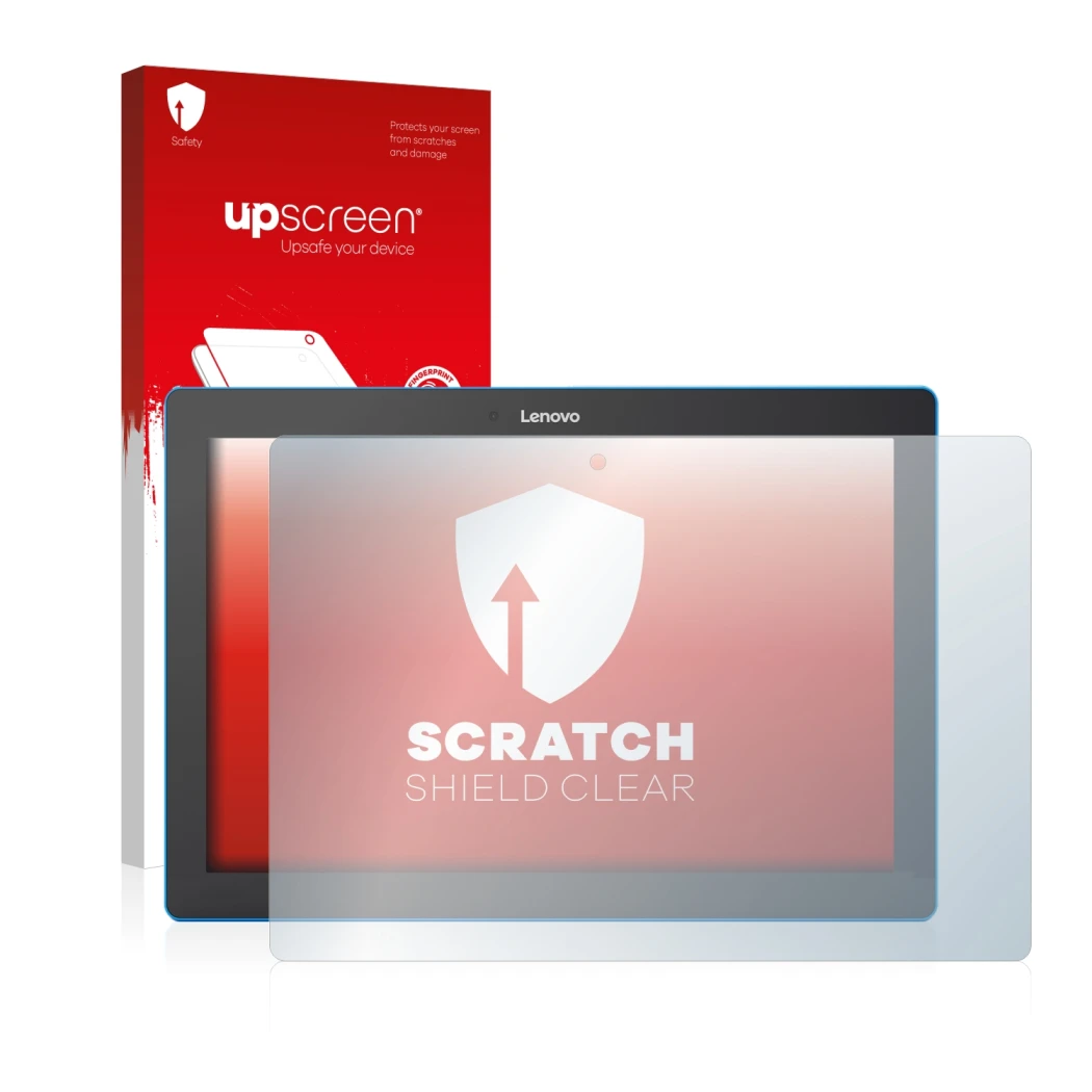 Face avant d’un emballage produit avec le logo de la marque upscreen. À côté, l’appareil Lenovo Tab 10 TB-X103F est représenté