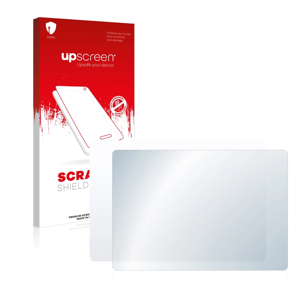 Face avant d’un emballage produit avec le logo de la marque upscreen. À côté, l’appareil Apple Magic 2 (Touch Trackpad) est re