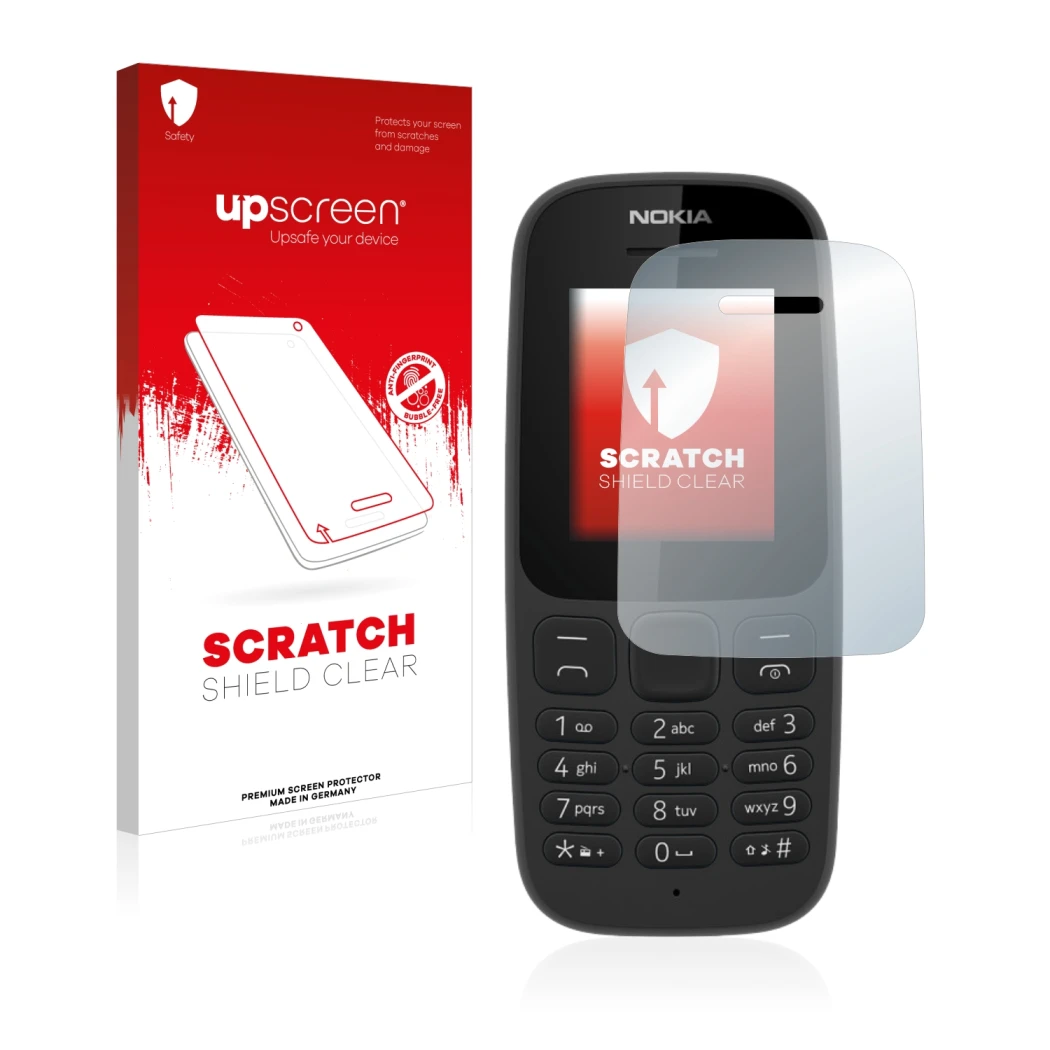 Face avant d’un emballage produit avec le logo de la marque upscreen. À côté, l’appareil Nokia 105 2017 est représenté avec la