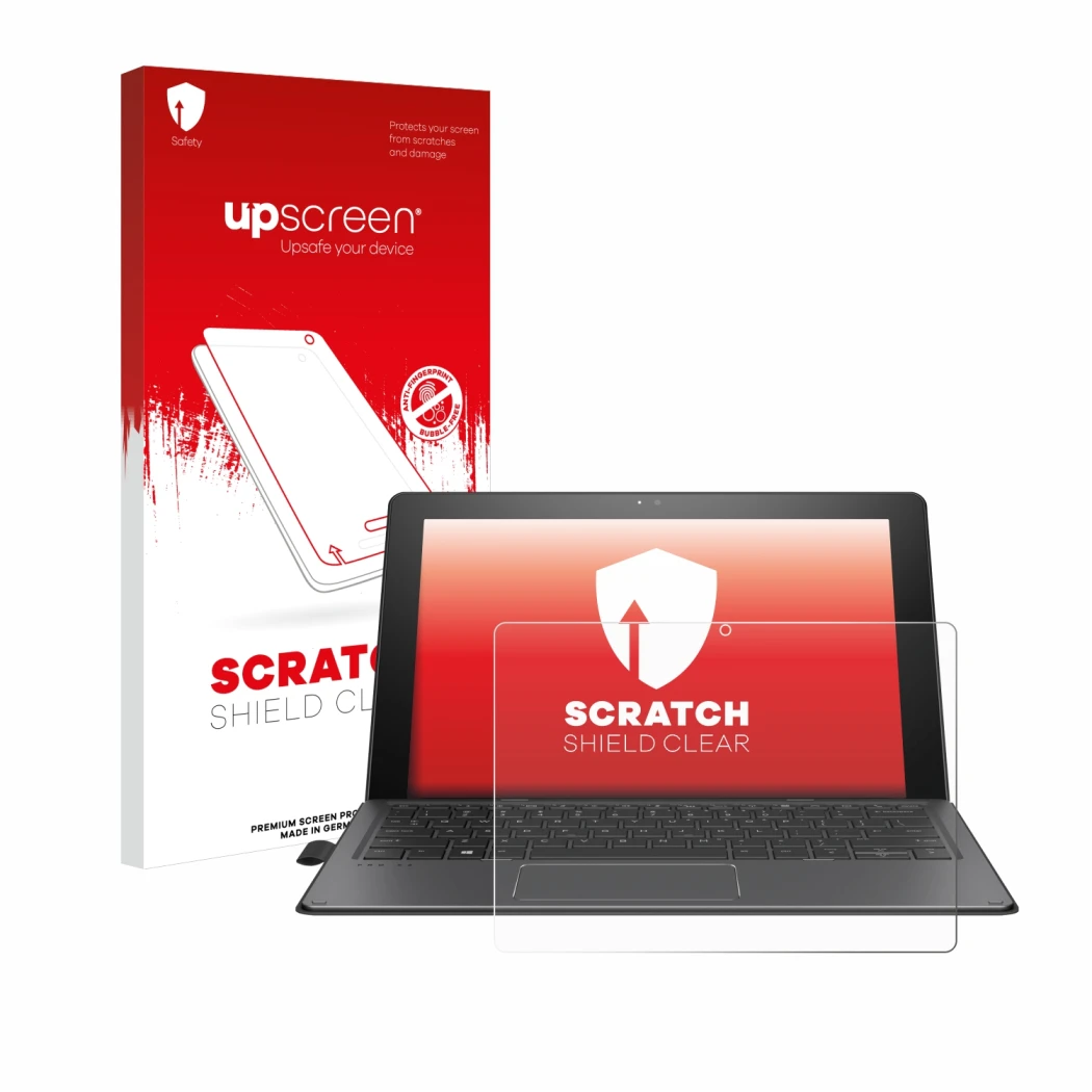 Face avant d’un emballage produit avec le logo de la marque upscreen. À côté, l’appareil HP Pro x2 612 G2 est représenté avec 