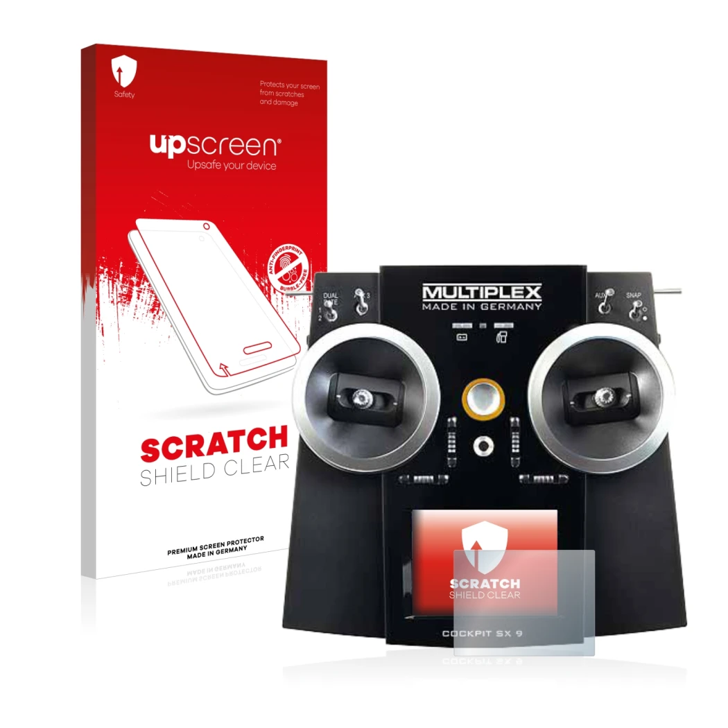 Face avant d’un emballage produit avec le logo de la marque upscreen. À côté, l’appareil Multiplex Cockpit SX9 est représenté 