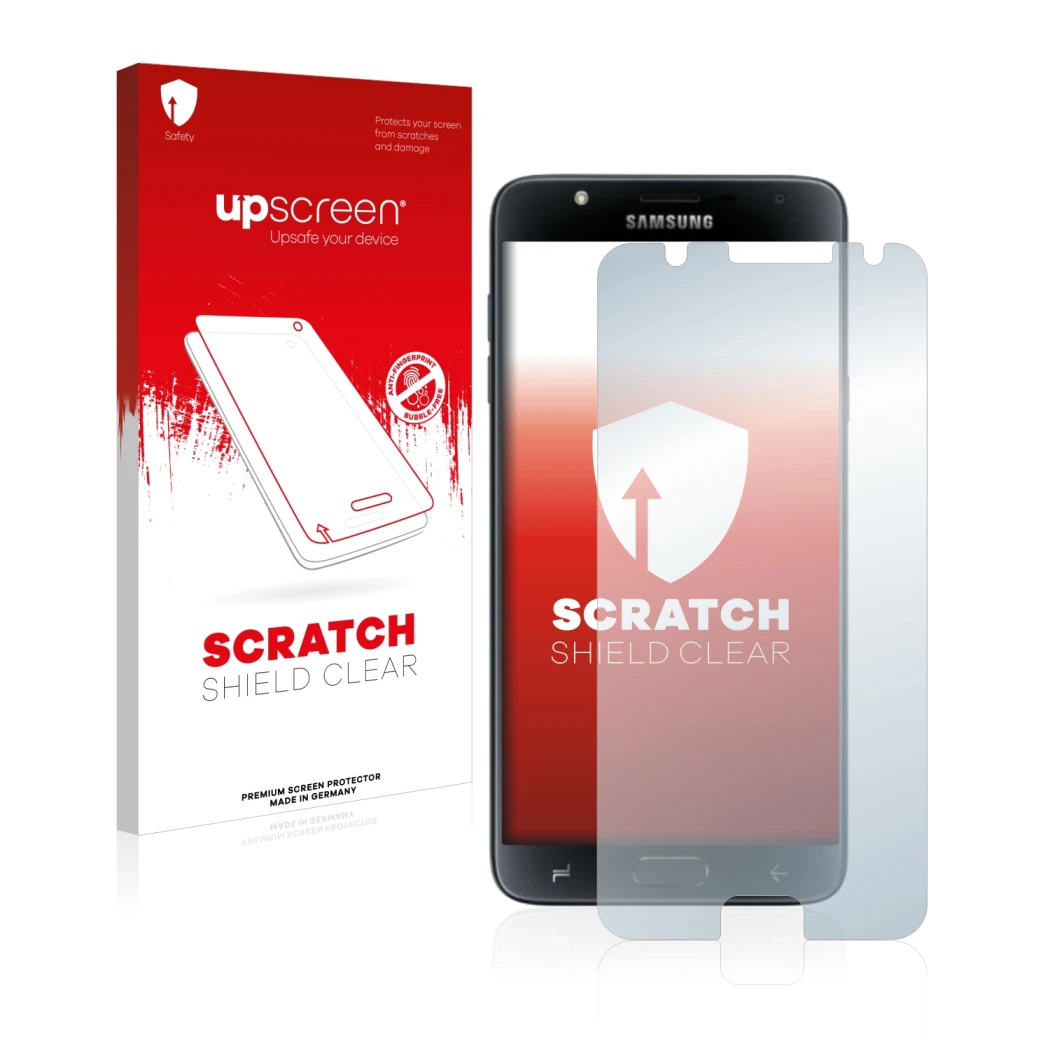 Face avant d’un emballage produit avec le logo de la marque upscreen. À côté, l’appareil Samsung Galaxy J7 Duo 2018 est représ