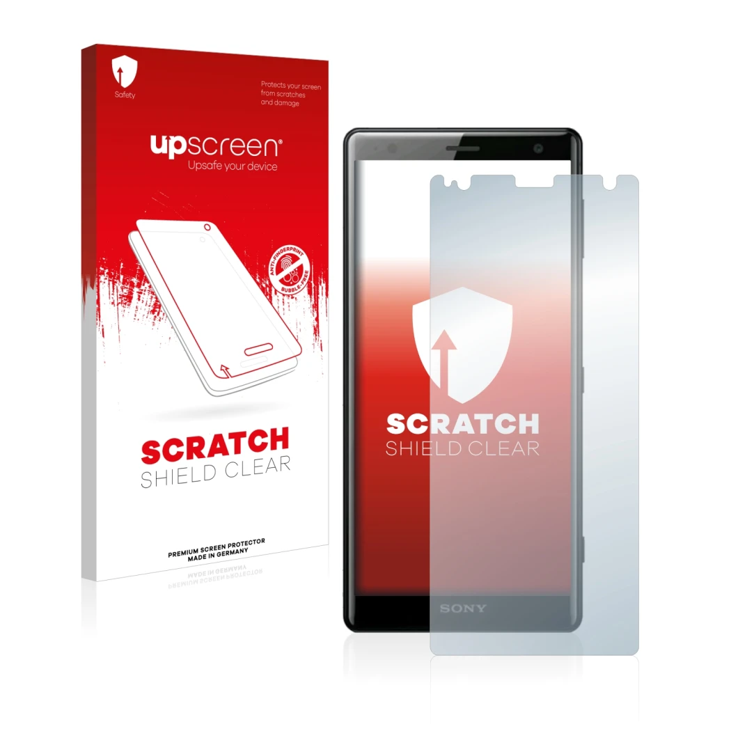 Face avant d’un emballage produit avec le logo de la marque upscreen. À côté, l’appareil Sony Xperia XZ2 est représenté avec l