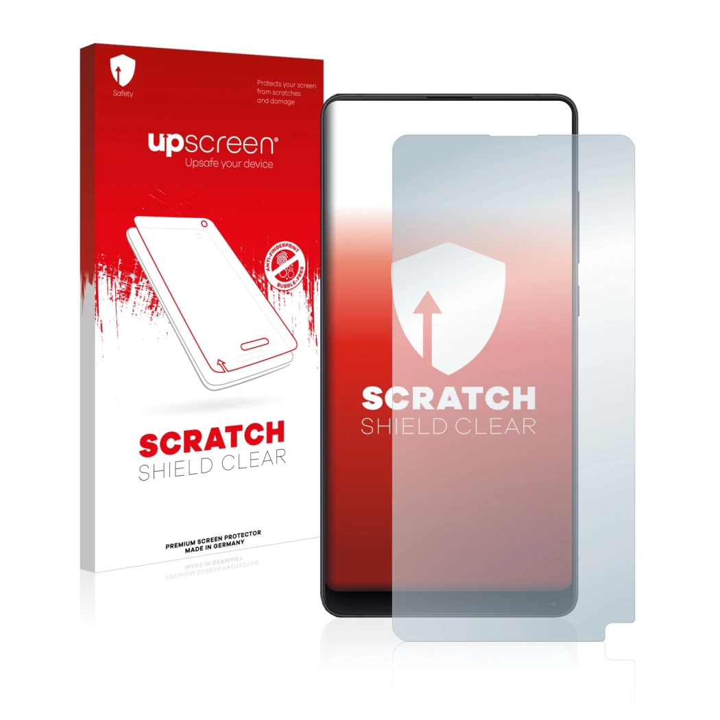 Face avant d’un emballage produit avec le logo de la marque upscreen. À côté, l’appareil Xiaomi Mi Mix 2S est représenté avec