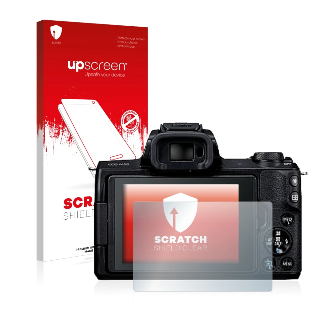 Face avant d’un emballage produit avec le logo de la marque upscreen. À côté, l’appareil Canon EOS M50 est représenté avec la 