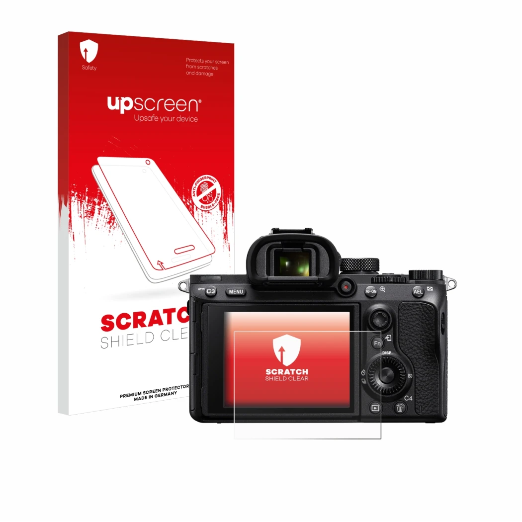 Face avant d’un emballage produit avec le logo de la marque upscreen. À côté, l’appareil Sony Alpha 7 III (ILCE-7M3) est repré
