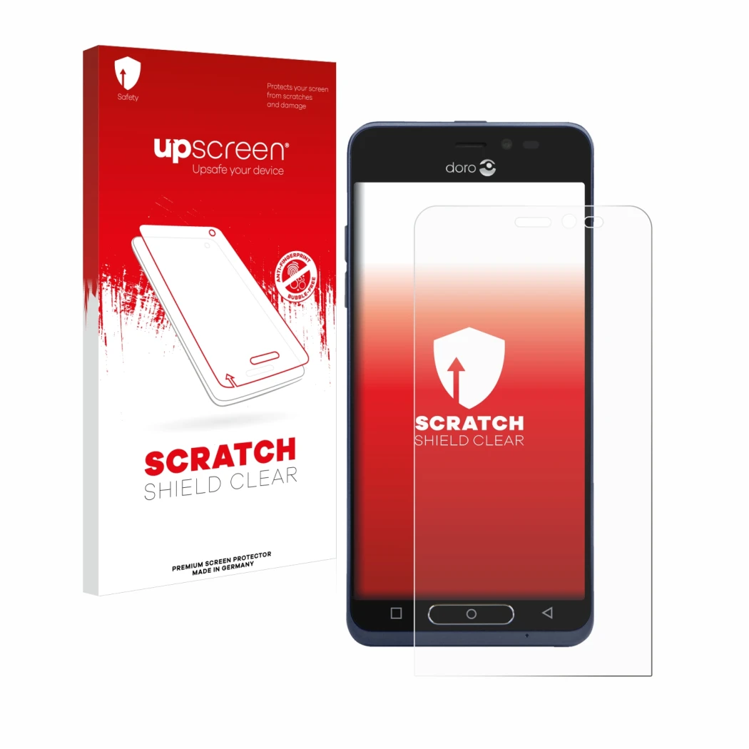 Face avant d’un emballage produit avec le logo de la marque upscreen. À côté, l’appareil Doro 8035 est représenté avec la prot