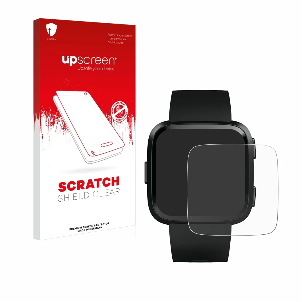 Face avant d’un emballage produit avec le logo de la marque upscreen. À côté, l’appareil Fitbit Versa est représenté avec la p