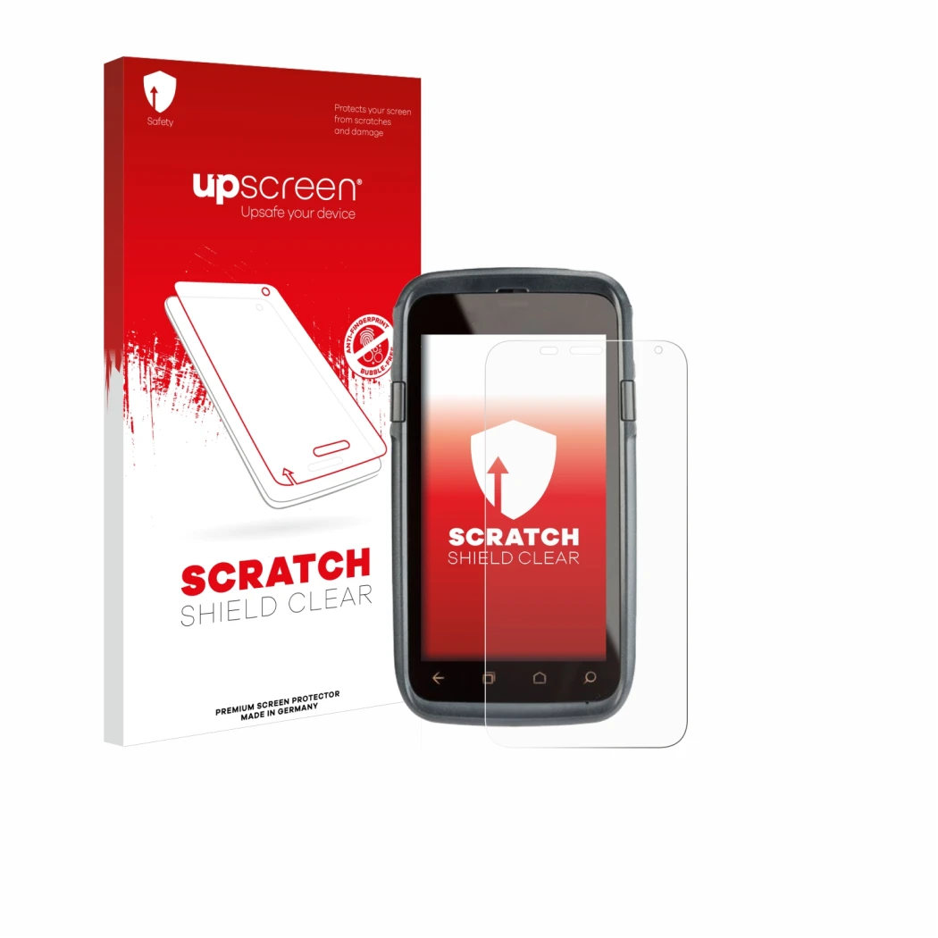 Face avant d’un emballage produit avec le logo de la marque upscreen. À côté, l’appareil Honeywell Dolphin CT60 est représenté