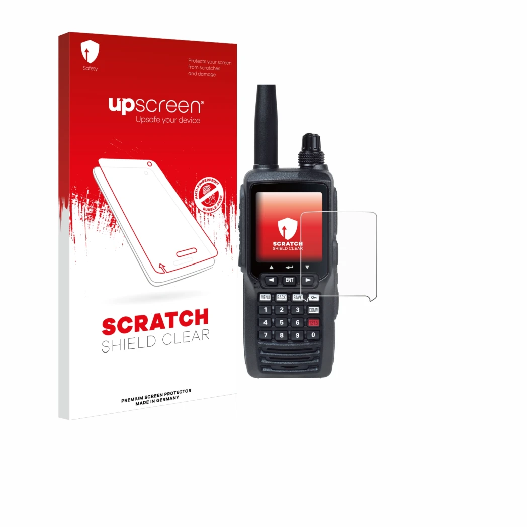 Face avant d’un emballage produit avec le logo de la marque upscreen. À côté, l’appareil Yaesu FTA-450 est représenté avec la